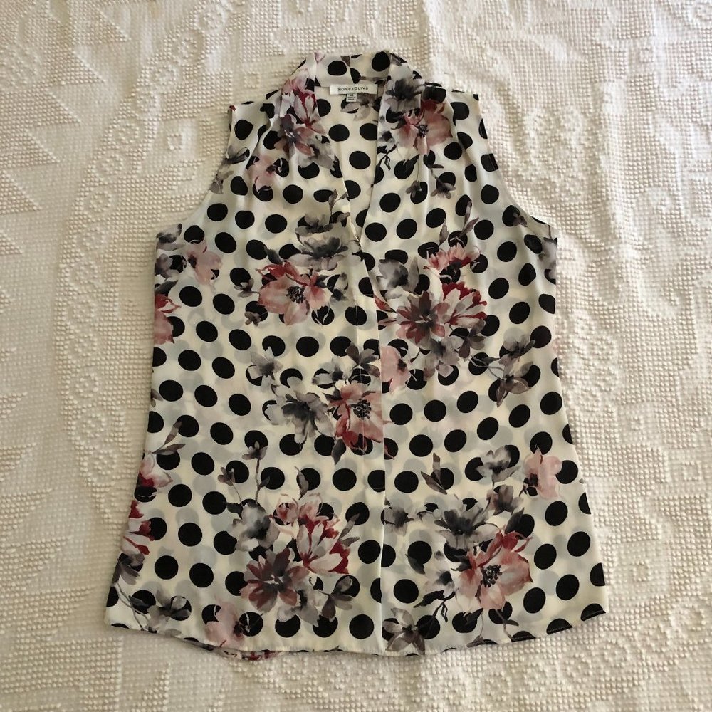 Rose + Olive blouse, Size S, pink flowers & black polka dots on white background